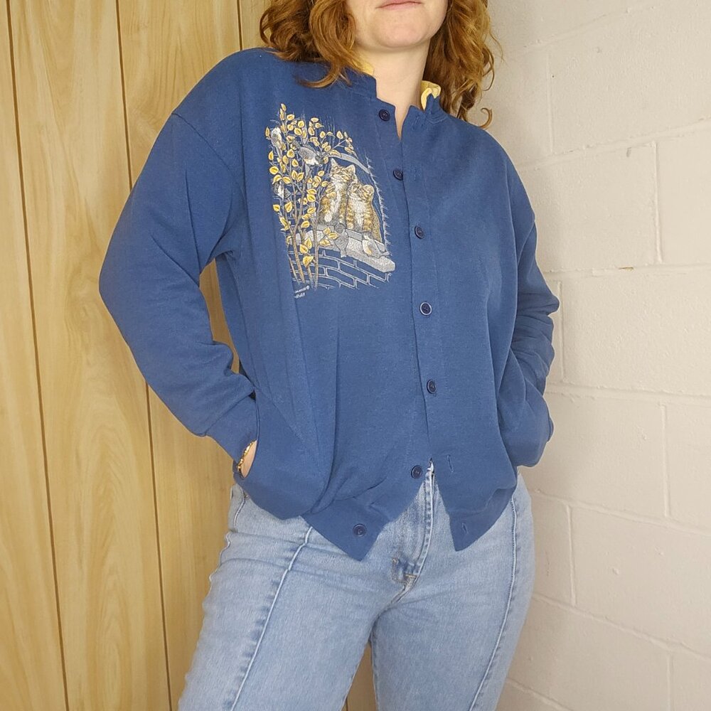 Coquette Cutie Cottagecore Button Down Granniecore Cats Blue Cardigan Sweatshirt